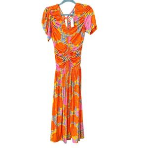 Farm Rio New Anthropologie Midi Dress Ruched Floral Print Orange XS coquette